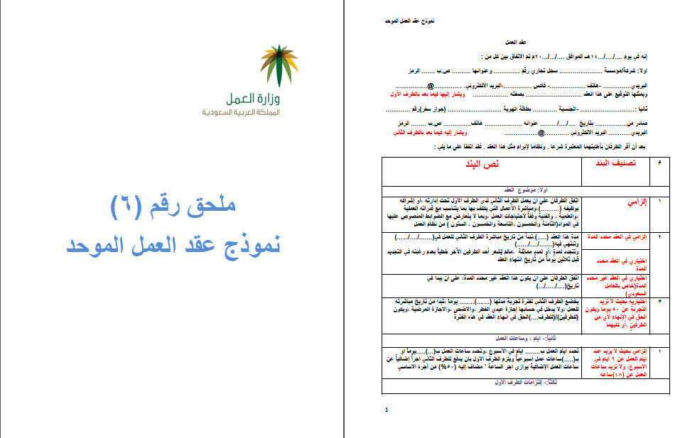 6 نموذج عقد عمل سعودي جاهز للطباعة والتعديل صيغة word و PDF مُسْوَدَّة